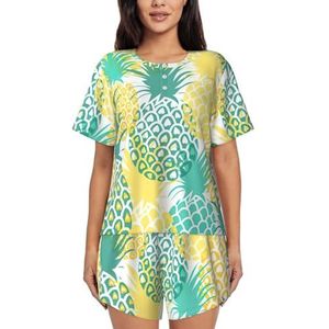 YQxwJL Tropische Ananas Print Vrouwen Pyjama Sets Shorts Korte Mouw Lounge Sets Nachtkleding Casual Pjs Met Zakken, Zwart, M
