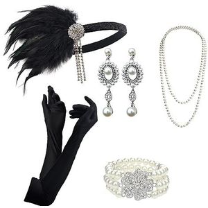 DRESHOW 1920s Accessoires Sets Flapper Kostuum Gatsby Veren Hoofdband Lang Ketting Zwart Handschoenen