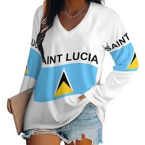 Vlag van Saint Lucia casual T-shirts met lange mouwen voor dames, V-hals, bedrukte grafische blouses, T-tops, L