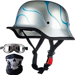 Helm in Duitse stijl met gezichtsmasker en veiligheidsbril, volwassen motorfiets halve helm DOT goedgekeurde heren en dames retro schedelkap halve schaalhelm voor scooter Street Cruiser bromfiets
