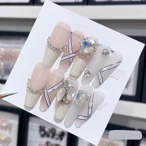 Verwijderbare en draagbare nail art Franse amandel Ombre handgemaakte pers op nagels Lange acryl valse nageltips InNail (Color : 29164, Size : S)
