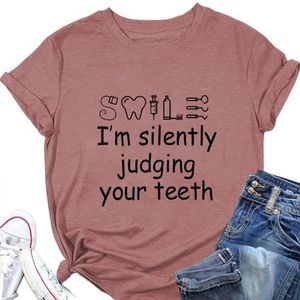 I'm Silently Judging Your Teeth Shirt voor Vrouwen Grappige Grafische Tandarts Gift Tops Zomer Korte Mouw T-Shirt Blouses, Roségoud, S