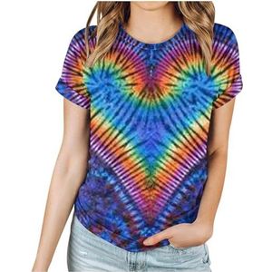 Dames T-shirt met batikpatroon, hart-afbeelding, Valentijnsdag, shirt, geliefden, geschenken, casual T-shirt met korte mouwen, Royal Blue Purple, XXL