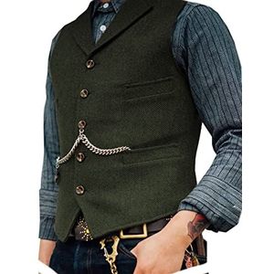 Ceehuteey Heren pak vest tweed retro V-hals wol visgraat voor prom, Groen, M