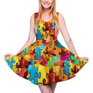 Puzzel cartoon dames zomerjurk ronde hals mouwloze tankjurk mini-jurk XS