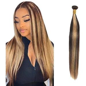 Salharer Straight Human Hair Bundles Single Extensions Machine Double Wefts Unprocessed Remy Weave Highlight Blonde Color for Woman 24 Inch