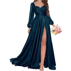 AHERKLL Bruidsmeisjesjurken met lange mouwen voor bruiloft, satijnen formele avondfeest, maxi-jurk met split HAH056, Pauw, 34