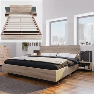Aunvla Tweepersoonsbed houten bed bed 160 x 200 cm met 2 nachtkastjes Modern bed incl. 2 nachtkastjes slaapkamer compleet-205,5 x 235 x 76,5 cm (D / B / H) set in eiken Sonoma/donkergrijs