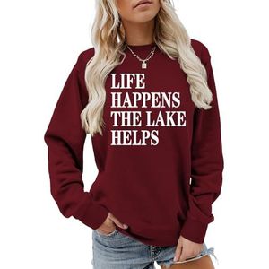 MLZHAN Life Happens The Lake helpt afdrukken vrouwen sweatshirt lange mouw mode sweatshirts ademende losse pasvorm truien, Wijn Rood, M