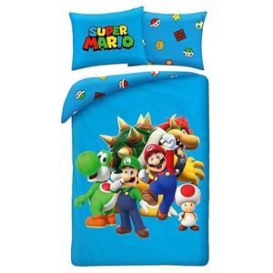 Super Mario beddengoed, blauw, 135 x 200 cm + 80 x 80 cm - met Mario, Luigi, Toad, Peach, Wario & Yoshi - Dekbedovertrek en kussensloop - Duitse maat