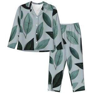 sttung Mint Gray Leaf Print Vrouwen Lange Mouwen Vest Pyjama Set Zacht Ademend voor Thuis Ontspanning, Zwart, XXL
