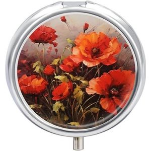 Pillendoos 3 compartimenten ronde pillenorganisator dagelijkse kleine pillenetui voor reizen olieverfschilderij rode bloem metalen pillencontainer draagbare medicijnorganisator voor pilvitaminen