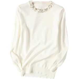 Damestrui Met Strass, Slim Fit Ronde Hals en Gebreide Trui Met Kralen(White)