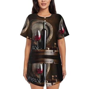 RIVETECH Rode Wijn Fles Glas Print Vrouwen Korte Mouwen Pyjama Set Pyjama Lounge Set Met Zakken,, Zwart, M