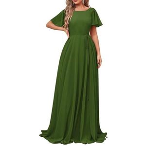 Damesjurken met korte mouwen, lange bruidsmeisjesjurk, chiffon, formele avondjurken met zakken, Olijfgroen, 34