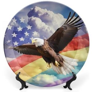 LGBT Pride Eagle Vlag Bone China Plaat met Stand Ronde Decoratieve Plaat Vintage Thuis Wobble Plaat