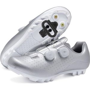 Hiuzylqx Heren mountainbike schoenen MTB fietsschoenen compatibel met 2-bouts SPD schoenplaatjes Unisex Spin Bike sneakers Racefiets voor binnen en buiten,Zilver,36 EU