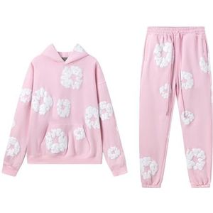 ZEZEZ Modemerk Denim Tears Foam Printing trainingspak for heren en dames, jas en broek met capuchon, sweatshirt met capuchon, fleece sweatshirt met capuchon(Pink 2 pieces,S)