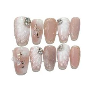 Handgemaakte acryl roze blush draagbare kunstnagels met lijm volledige dekking korte druk op nagels mooie meisjes nagelverbetering (Color : 8, Size : S)