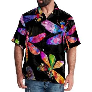 Hawaiiaans overhemd voor heren, button-down strandshirt, casual korte mouwen, kleurrijke libellen op zwarte achtergrond