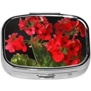 Rode geraniums Print Vierkante Pillendoos met 2 Compartimenten Draagbare Mini Pil Case Metalen Pil Organizer Pil Container voor Pocket Purse Kantoor Reizen