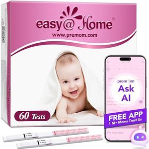 Vroege zwangerschapsteststrips: Easy@Home 60 HCG-tests van 10 mIU/ml, nauwkeurige en betrouwbare detectie met de gratis PREMOM-applicatie voor vruchtbaarheidsmonitoring
