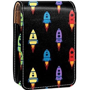 Make-up lippenstift hoesje voor buiten zwarte achtergrond met sterren draagbare lippenstift organizer met spiegel dames mini make-up tas neemt tot 3 lippenstift, Veelkleurig-7, 9.5x2x7 cm/3.7x0.8x2.7 in