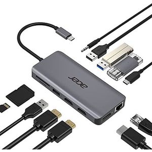 Acer 12-in-1 mini-dock (USB Type-C naar 1x USB Type-C (w PD), 2x USB 3.2, 2x USB 2.0, 2x HDMI, 1x DisplayPort 1x RJ-45, 1x SD-kaartlezer, 1x Micro SD-kaartlezer, 1x 3.5 audio-poort 3.5) zilver