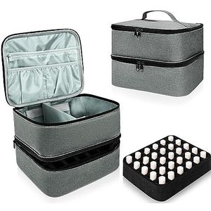 Nagellak-opbergtas, dubbellaagse nagellak-organizer, draagbare draagtas voor nageldesign, cosmeticatas, accessoires voor 30 flessen (15 ml - 0,5 fl.oz) en 1 nagellamp (grijs)