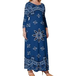 Blauwe Paisley Bandana Grafische Plus Size Jurk Voor Vrouwen Casual Lange Mouwen Maxi Jurken