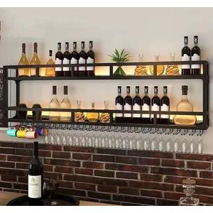 Wandflessenhouder met LED-licht, hangende planken van metaal voor drankflessen en wijnglazen, wijnstandaard voor bars, huisrestaurants (kleur: B, afmeting: 120 x 25 x 55 cm)