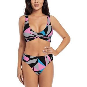 Zelinge Kleurrijke Wrap Front Bikini Top en Hoge Taille Bodem Zomer Badpak Twist Front Badpak S-2XL, Geometrisch abstract veelkleurig, S
