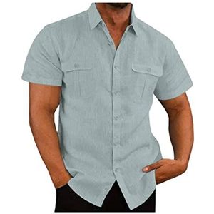 Herenoverhemd, Korte Mouwen, Overhemd Met Knopen, Slim Fit, Linnen Overhemd, Wit, Casual Zomeroverhemd(Gray,4XL)