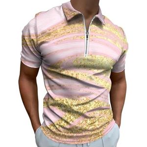 Roze met Gouden Marmer Half Zip-up Polo Shirts Voor Mannen Slim Fit Korte Mouw T-shirt Sneldrogende Golf Tops Tees 2XS
