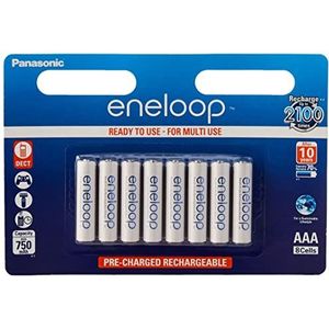 Panasonic 4228 eneloop, NiMH-accu gereed voor gebruik, AAA micro, verpakking van 8, 750 mAh, 2100 laadcycli, met hoog vermogen en geringe zelfontlading, oplaadbare accubatterij,8 stuks,Zwart