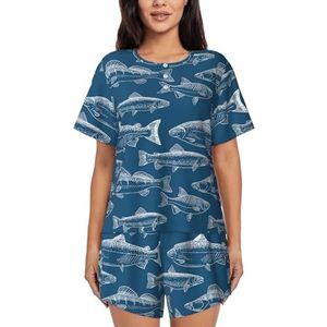 RIVETECH Ocean Fish Print Pyjama met korte mouwen voor dames, comfortabele korte sets, nachtkleding met zakken, Zwart, S