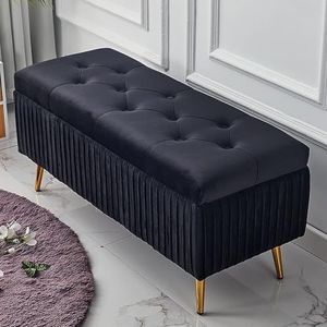 JAVYPPT Luxe fluwelen gestoffeerde opbergbank, comfortabele voetensteun voor woonkamer entree, premium decoratie meubels einde van bedbank opslag Ottomaans (zwart, 60 x 40 x 45 cm (24 x 16 x 18 inch)