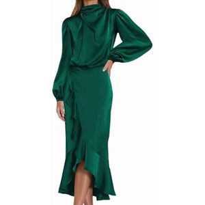 Satijnen Maxi-jurk met Opstaande Hals voor Dames, Elegante Ruches Bruiloft Prom Party Fishtail-jurken(Color:Dark Green,Size:XL)