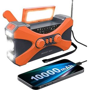 Fegtrtyoa Noodradio, 10.000 mAh, radio met zwengel op zonne-, draagbare radio met telefoonoplader, led-zaklamp, oranje