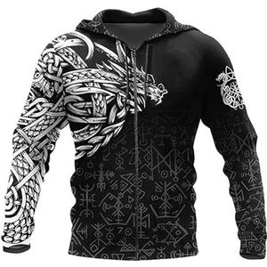 Nordic Dragon hoodie Voor Heren met Ronde Hals, 3D-geprint Viking Runes Casual Harajuku Trui met Rits, Los Sweatshirt met Lange Mouwen en Lente en Herfst met Trekkoord(Color:Zip Hoodie,Size:4XL)