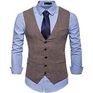 JOLIME Tweed visgraatvest voor heren, vintage, zakelijk, casual pak, vest, gilet, Kaki, L