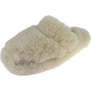 APREGGIO Pantoffels voor heren en dames, uniseks, zachte wollen pantoffels van 100% wol, warme huisschoenen voor de winter, pantoffels, robuuste leren zool, ivoor, 37/38 EU