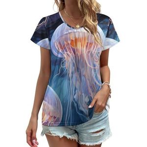 Jellyfish Dames V-hals T-shirts Leuke Grafische Korte Mouw Casual Tee Tops 4XL
