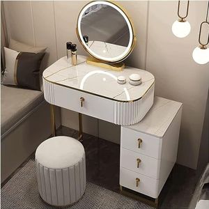 Vanity Desk, verlichte spiegel, make-uptafelset met ruime opbergladen, make-uptafel, gedempte kruk, luxe kaptafel