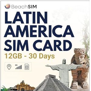 BeachSIM Latijns-Amerika simkaart. 12 GB data met 4G/5G-snelheden. Alleen gegevens SIM. Gratis roaming in Costa Rica, Brazilië, Puerto Rico en 9+ landen in Latijns-Amerika. 30 dagen geldig