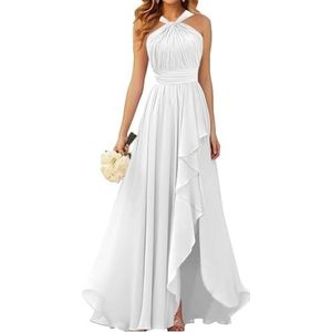 Halter Prinses Bruidsmeisjes Jurken Geplooide Galajurken Ruche Chiffon Split Formele Avond Party Gown ZM212, Wit, 32
