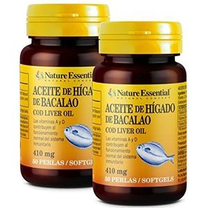 Nature Essential Leverolie, 410 mg, 50 kralen, verpakking met 2 stuks, ondersteunt het immuunsysteem, het geheugen en tegen vermoeidheid, rijk aan omega-3