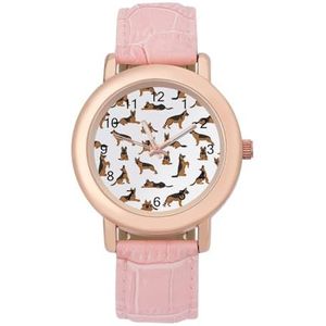 Duitse herdershonden in verschillende houdingen vrouwen lederen band horloge quartz horloges gemakkelijk te lezen aangepaste cadeau voor dames