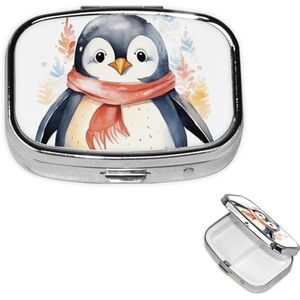 Leuke Cartoon Pinguïn Pil Doos 2 Compartiment Vierkante Draagbare Pil Case voor Pocket of Portemonnee Pil Houder Wekelijkse Pil Organizer Decoratieve Metalen Geneeskunde Vitamine Organizer Reizen Gift