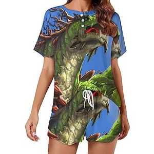 Groene draak monstermode 2 stuks dames pyjama sets korte mouw nachtkleding zachte loungewear stijl-28